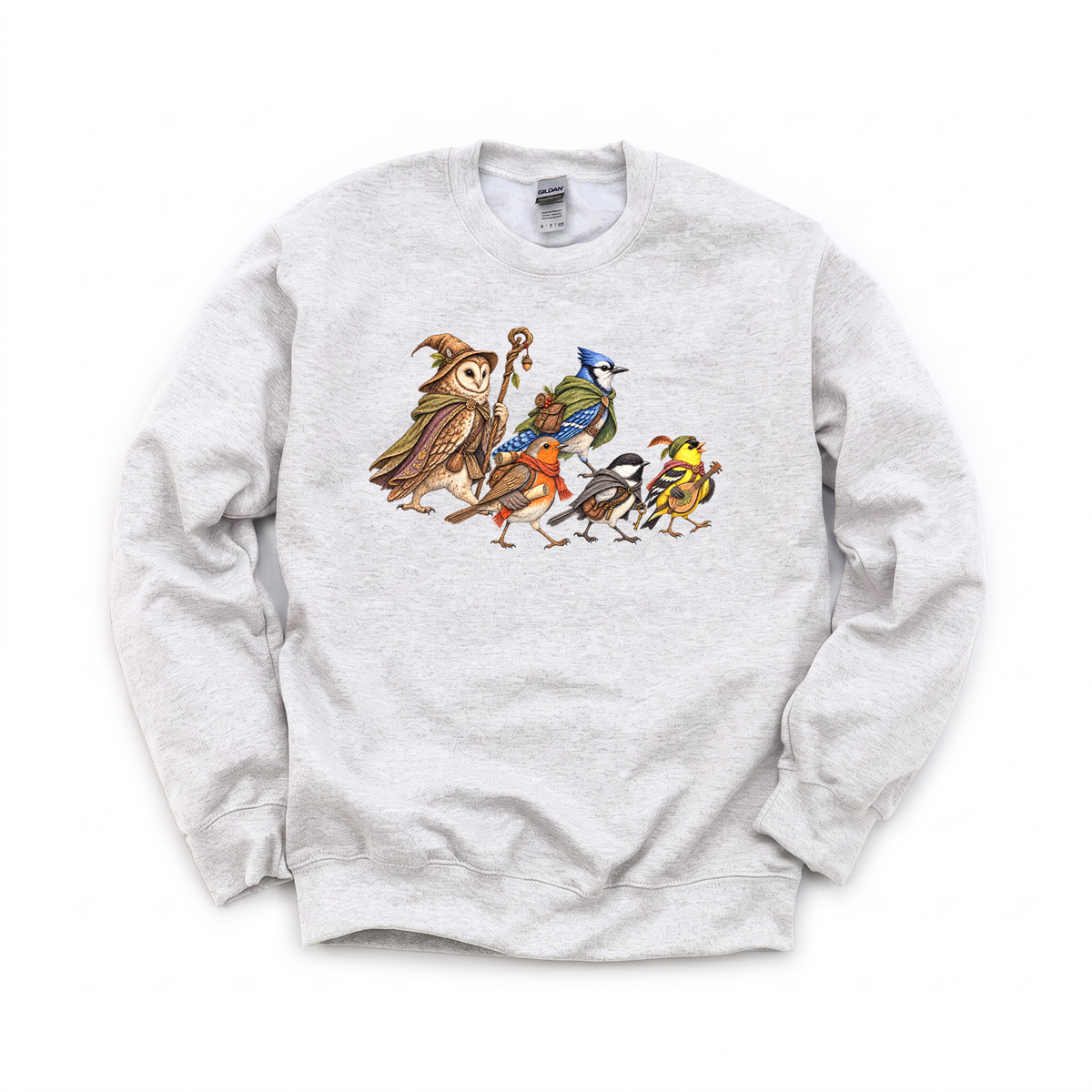 Fantasy Bird Adventurers graphic on Gildan 18000 in Ash