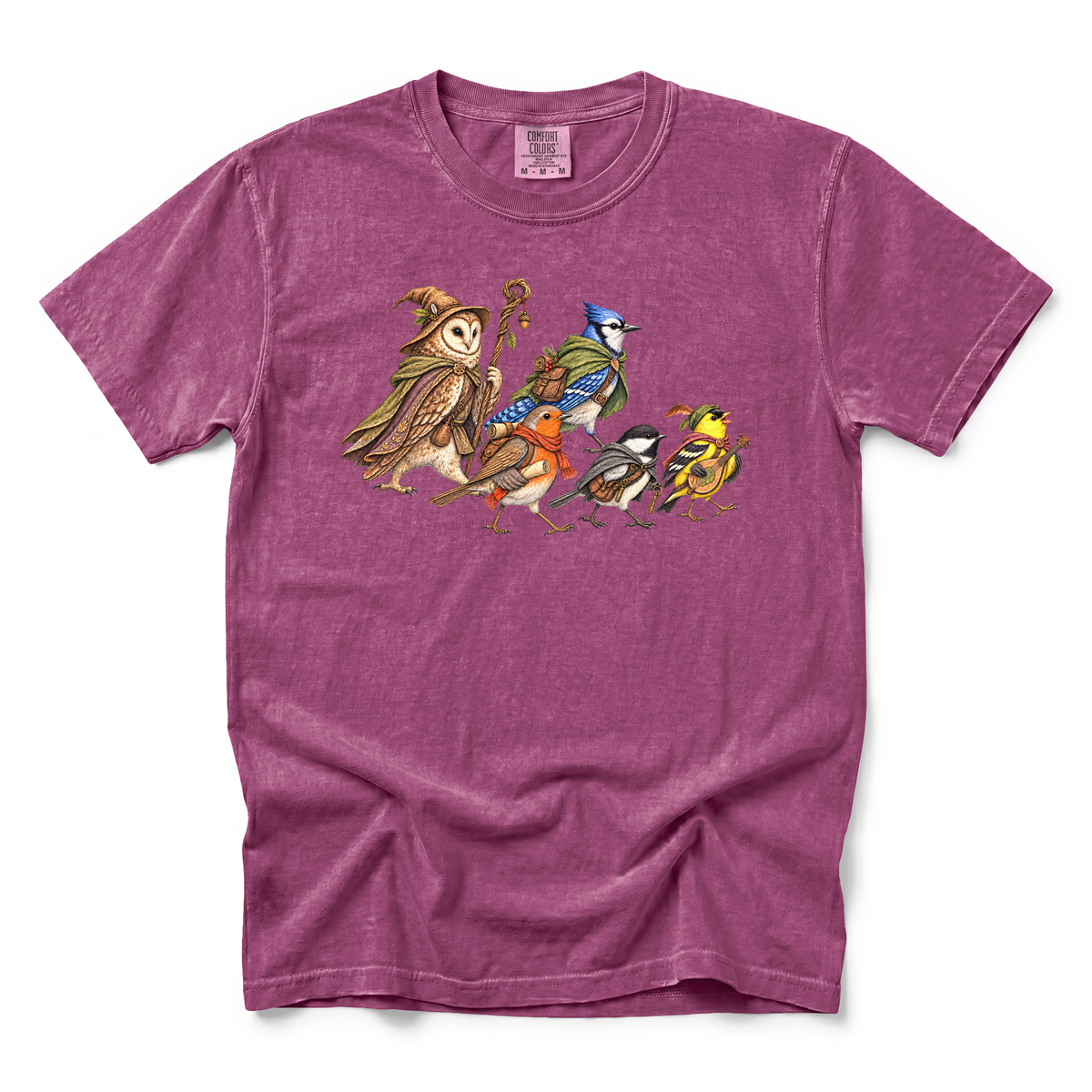 Fantasy Bird Adventurers graphic on Comfort Colors 1717 in Berry