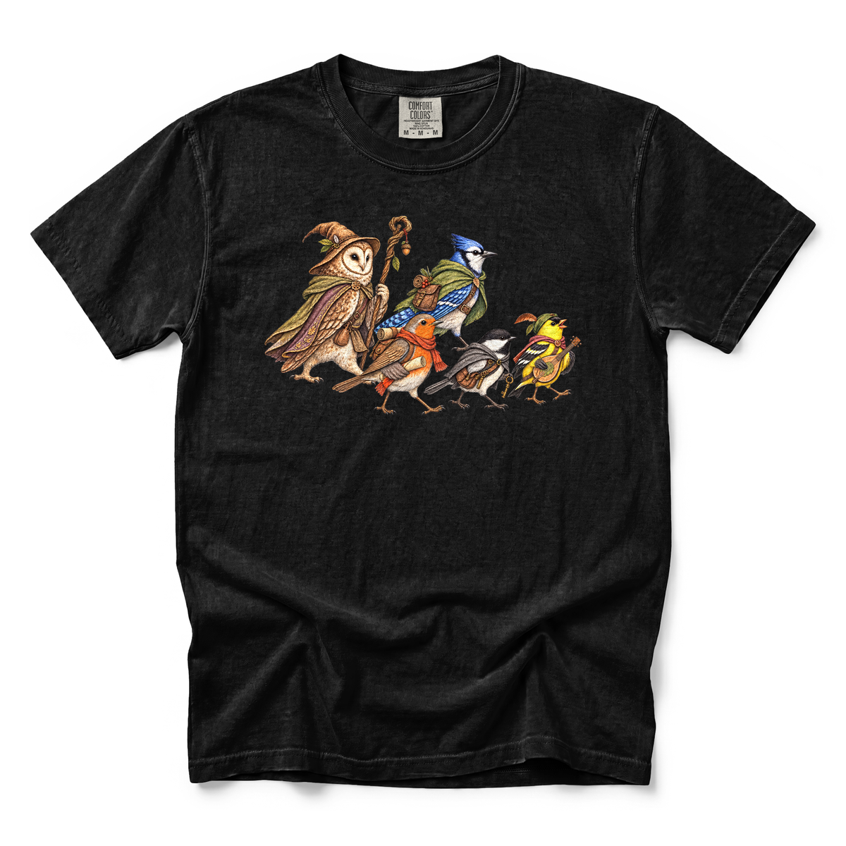 Fantasy Bird Adventurers graphic on Comfort Colors 1717 in Black