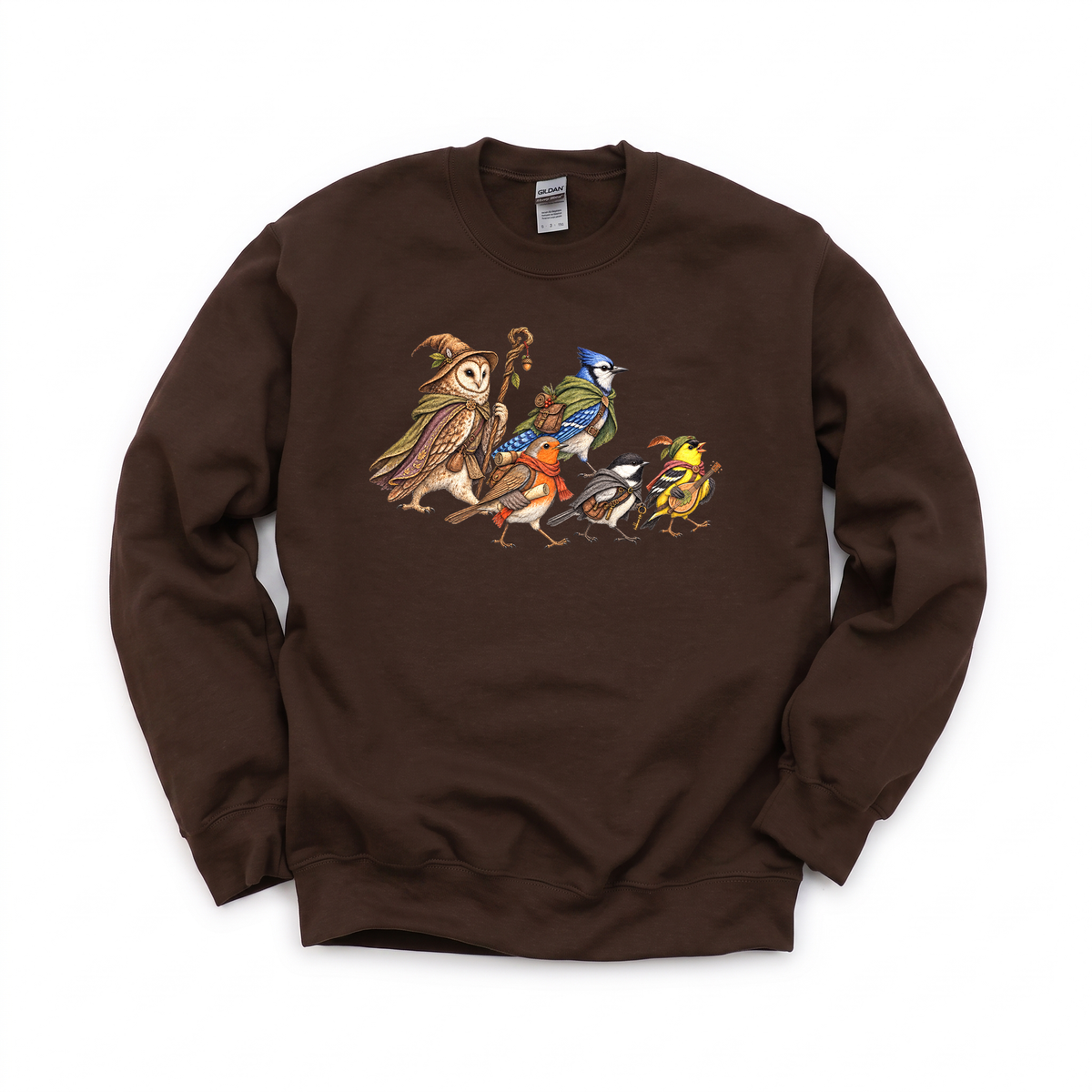 Fantasy Bird Adventurers graphic on Gildan 18000 in Dark Chocolate