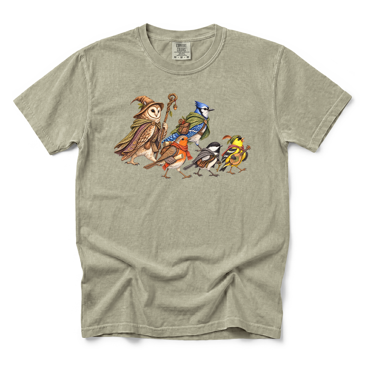 Fantasy Bird Adventurers graphic on Comfort Colors 1717 in Khaki