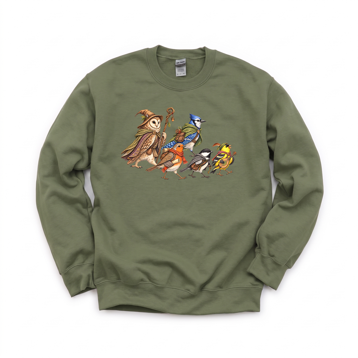 Fantasy Bird Adventurers graphic on Gildan 18000 in Military Green
