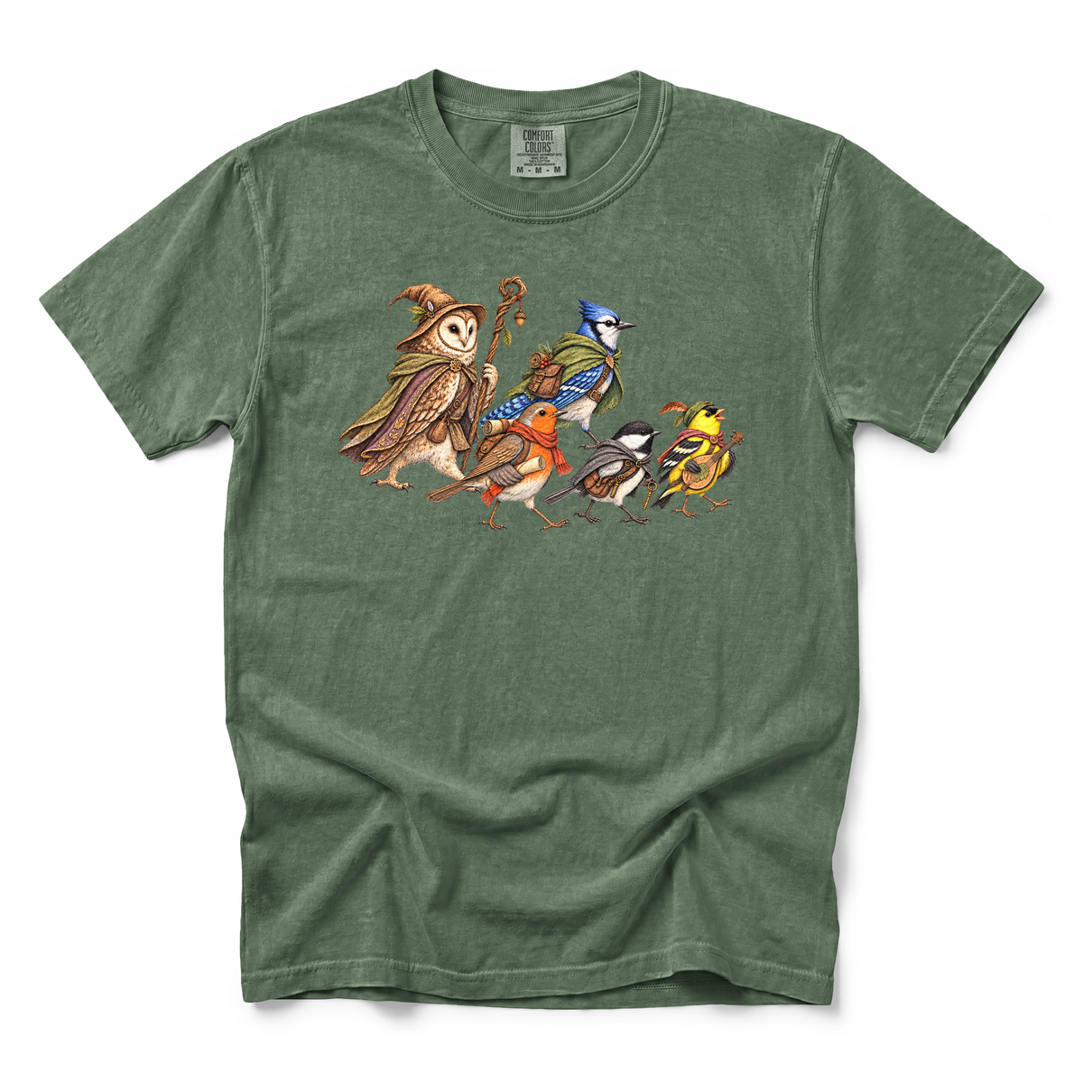 Fantasy Bird Adventurers graphic on Comfort Colors 1717 in Moss