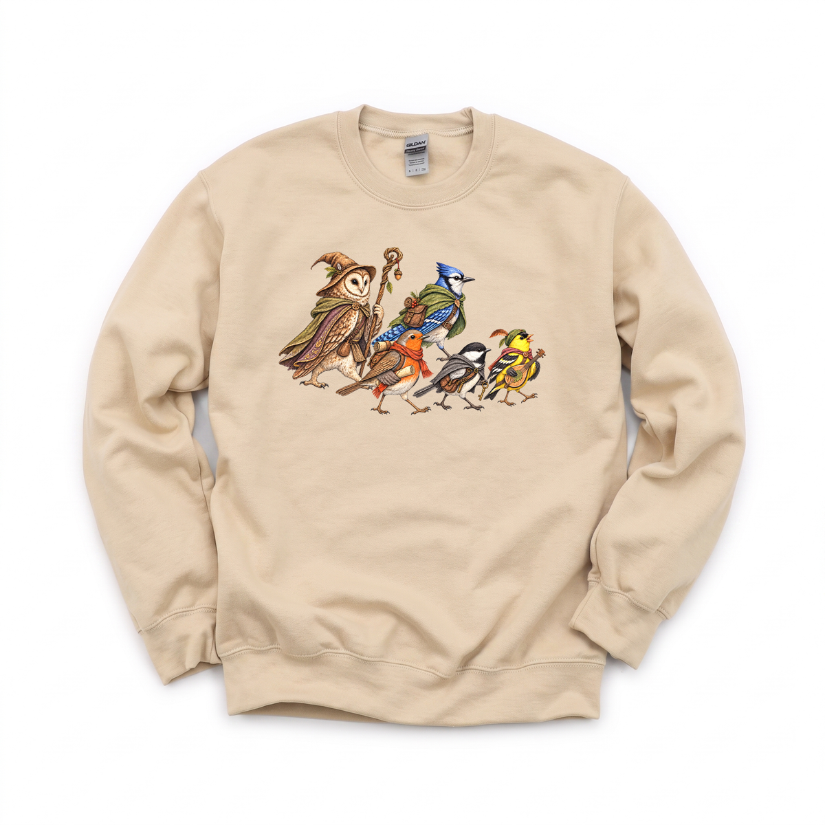 Fantasy Bird Adventurers graphic on Gildan 18000 in Sand