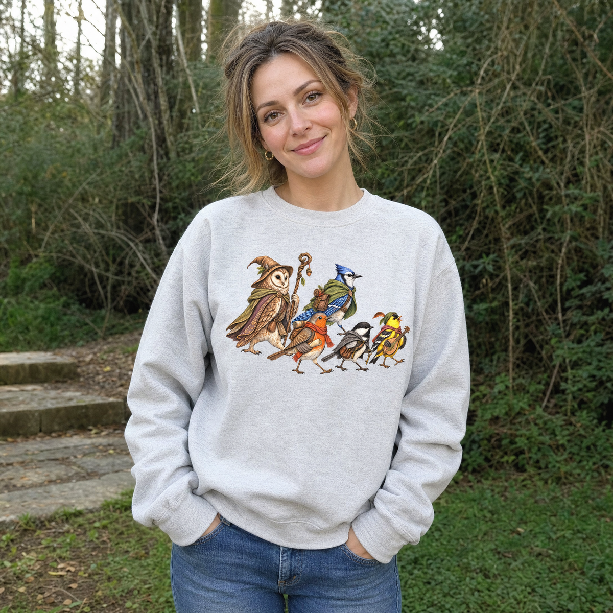 Model wearing the Fantasy Bird Adventurers sweatshirt in Ash