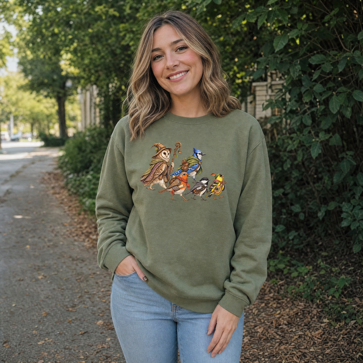 Model wearing the Fantasy Bird Adventurers sweatshirt in Military Green