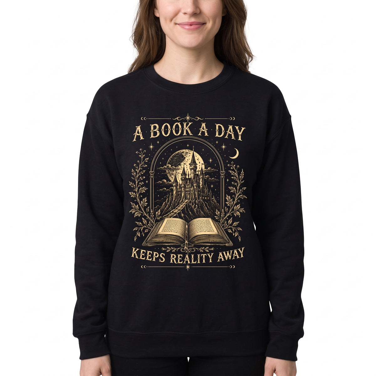 Model wearing the Fantasy Castle Book sweatshirt in Black, cover image 1