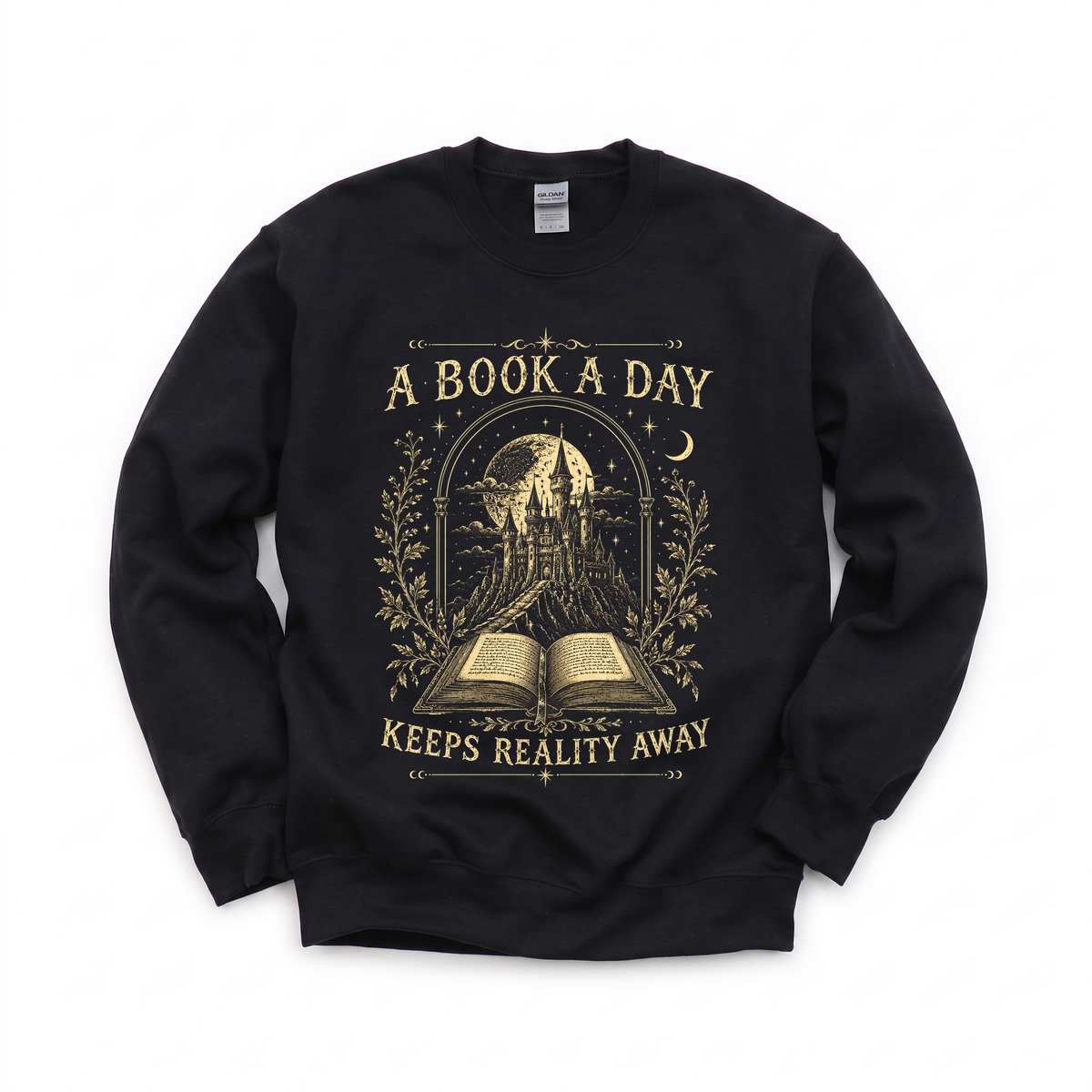 Fantasy Castle Book graphic on Gildan 18000 in Black