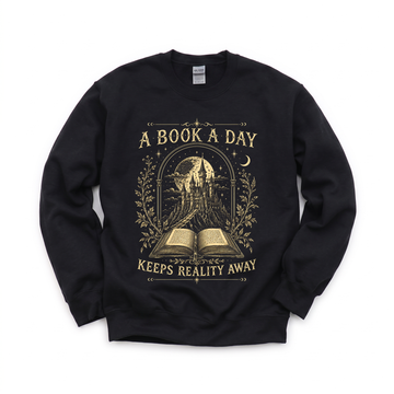 Fantasy Castle Book graphic on Gildan 18000 in Black