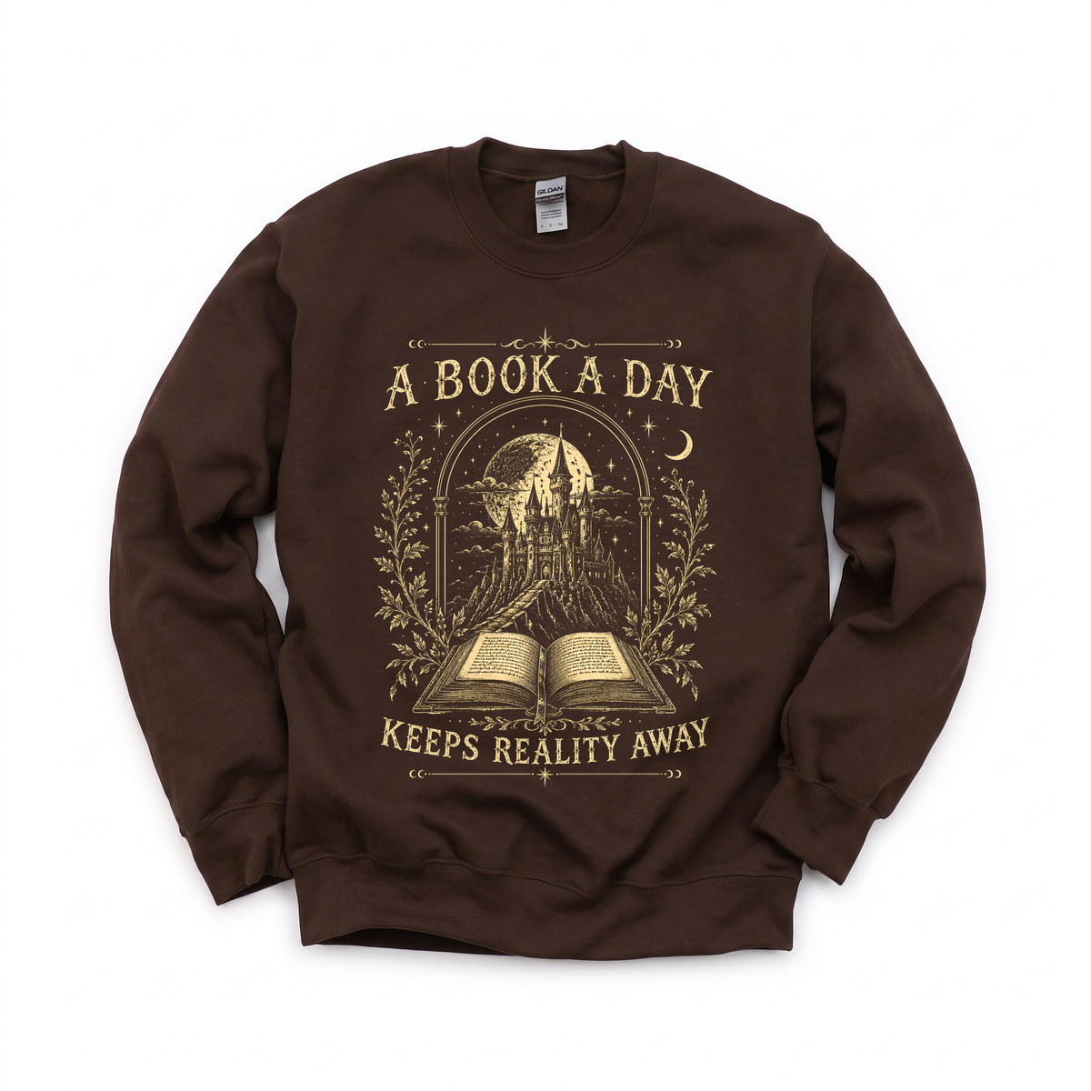Fantasy Castle Book graphic on Gildan 18000 in Dark Chocolate