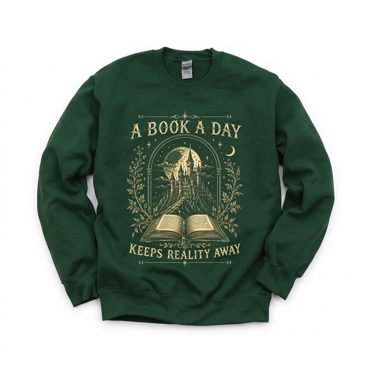 Fantasy Castle Book graphic on Gildan 18000 in Forest Green