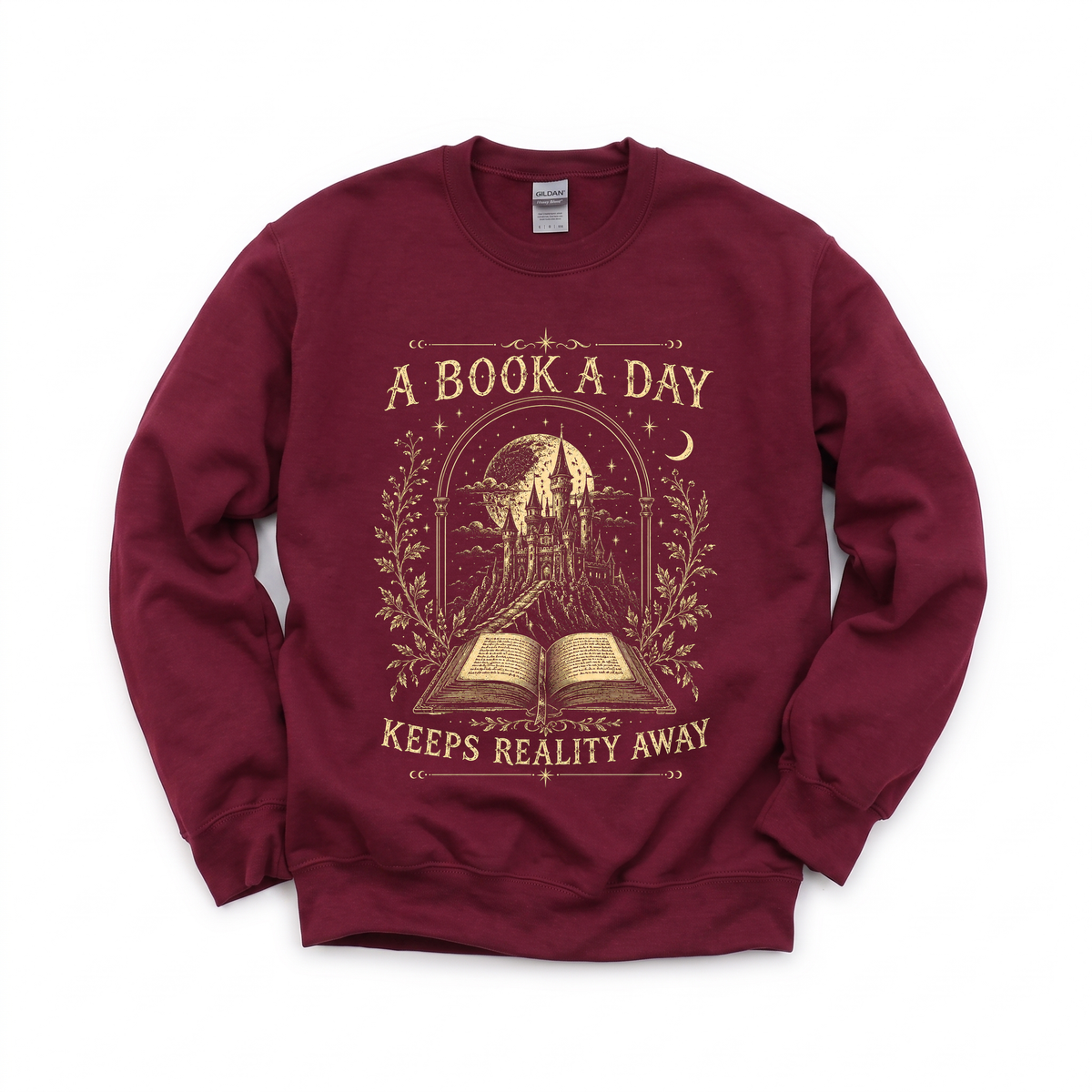 Fantasy Castle Book graphic on Gildan 18000 in Maroon