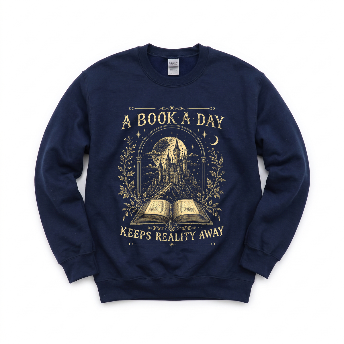 Fantasy Castle Book graphic on Gildan 18000 in Navy