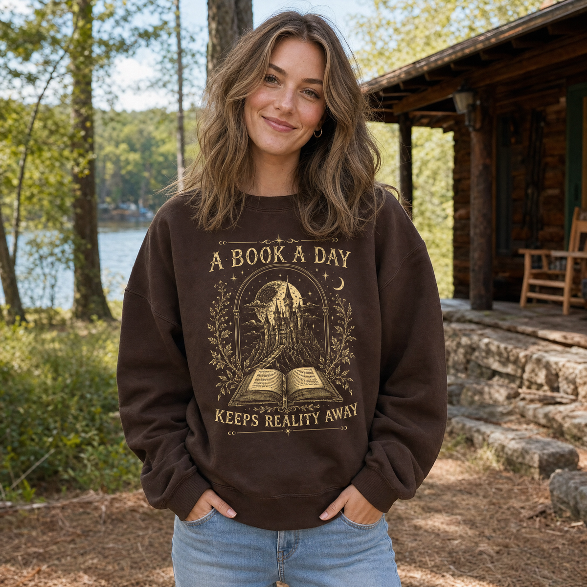 Model wearing the Fantasy Castle Book sweatshirt in Dark Chocolate