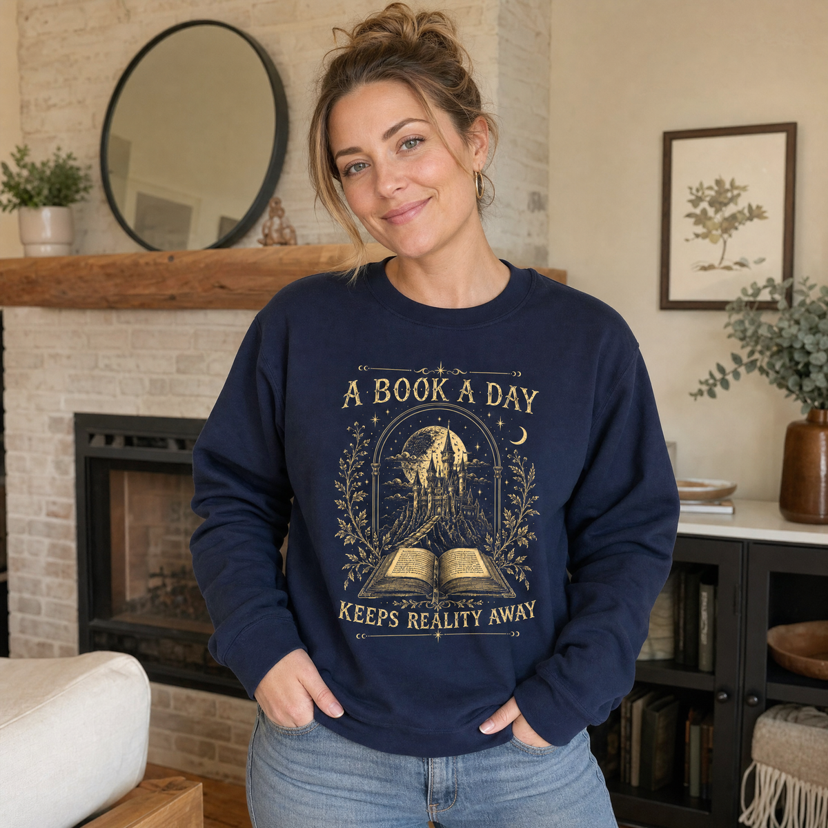 Model wearing the Fantasy Castle Book sweatshirt in Navy
