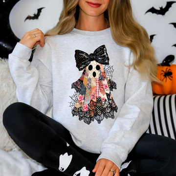 Faux Patchwork Lace Ghost Shirt, Patchwork Ghost, Lace Ghost, Retro Halloween, Spooky Season, Coquette Ghost, Halloween Sweatshirt