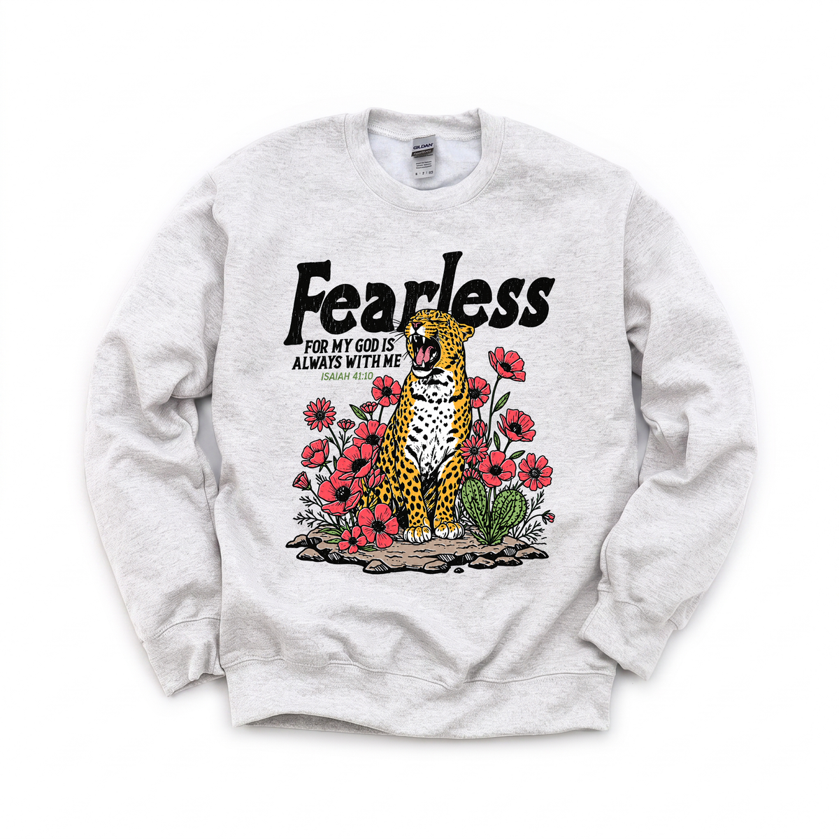 Fearless Leopard graphic on Gildan 18000 in Ash