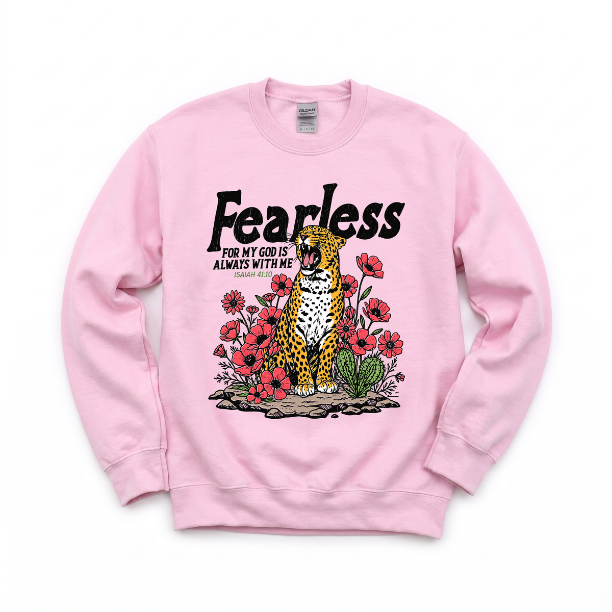 Fearless Leopard graphic on Gildan 18000 in Light Pink