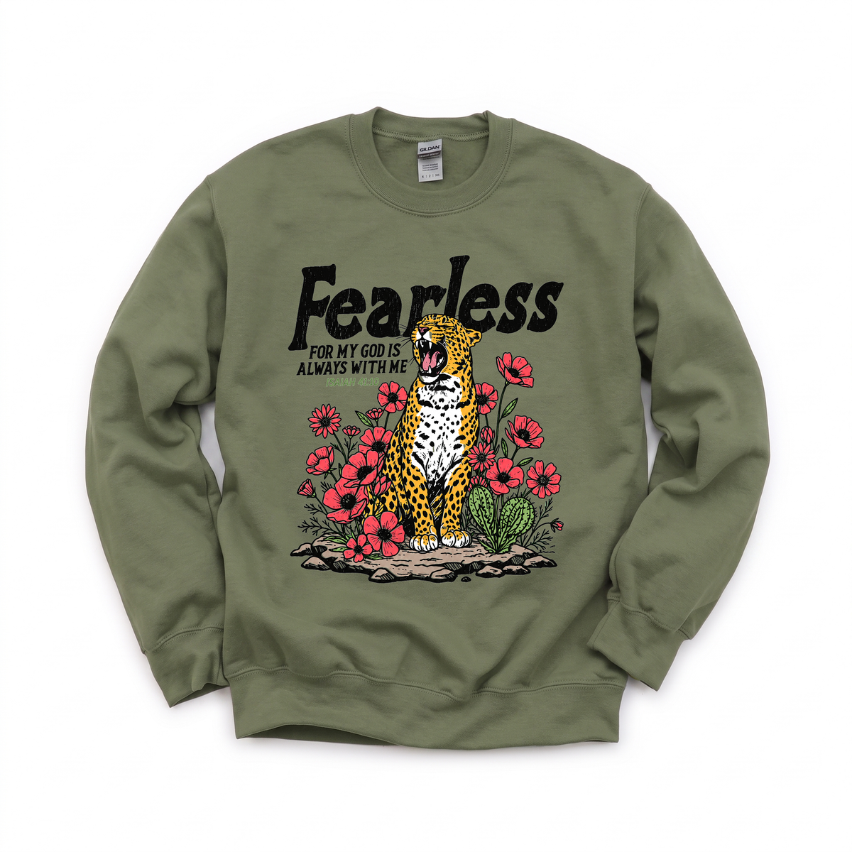 Fearless Leopard graphic on Gildan 18000 in Military Green