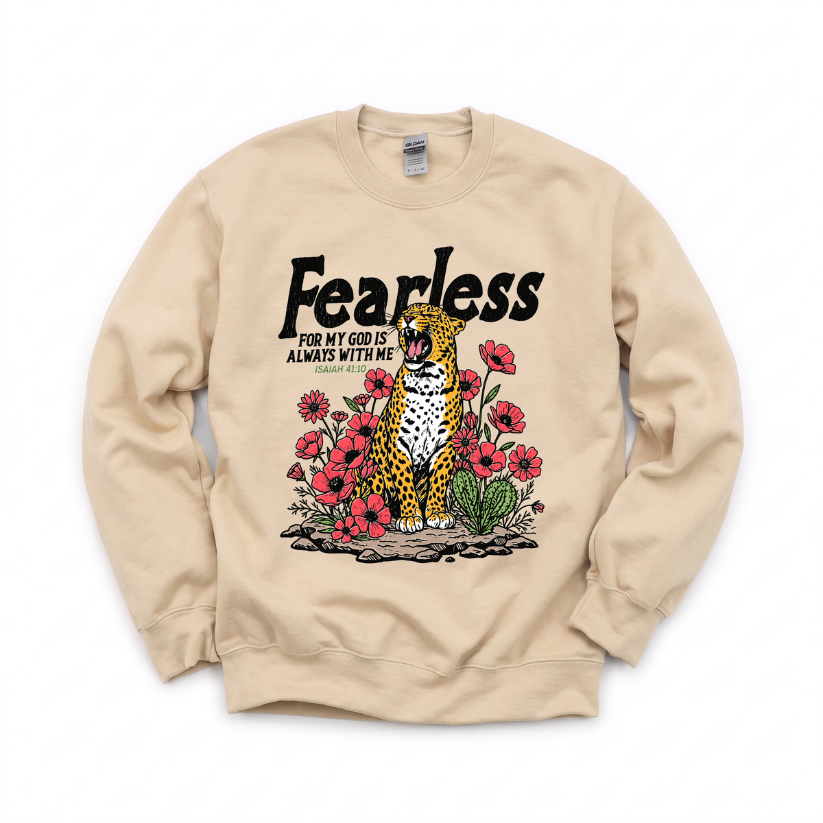 Fearless Leopard graphic on Gildan 18000 in Sand