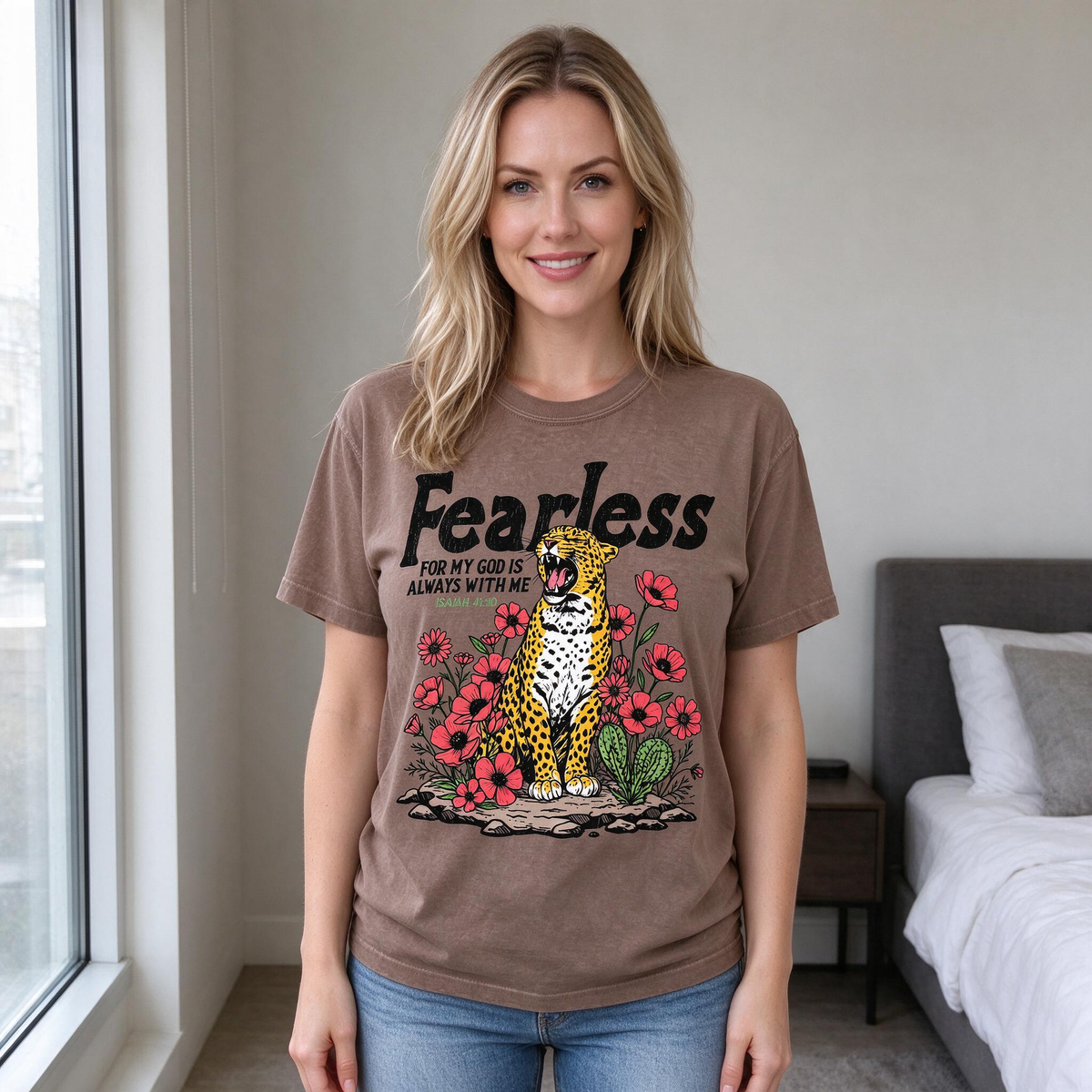 Model wearing the Fearless Leopard comfort colors tee in Espresso, lifestyle image 1
