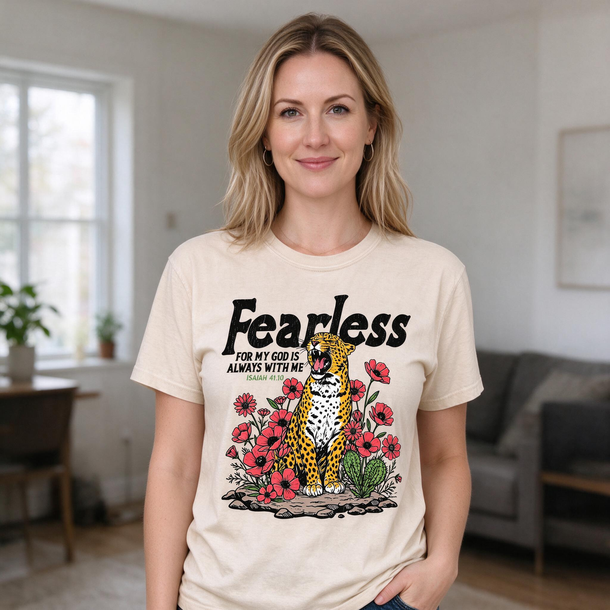 Model wearing the Fearless Leopard comfort colors tee in Ivory