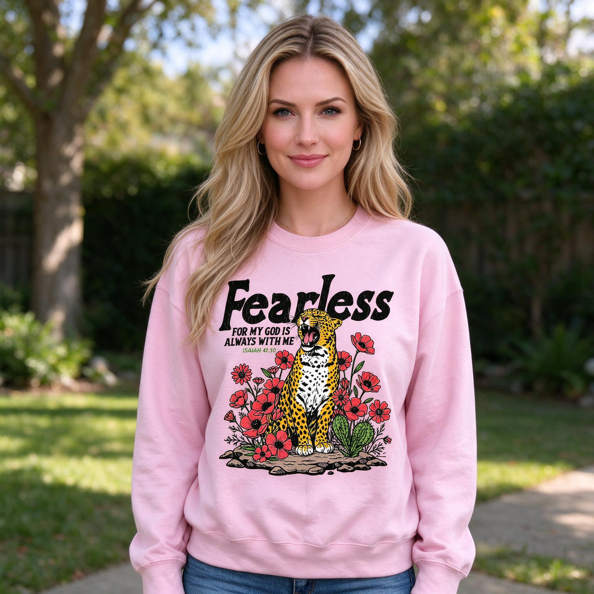 Model wearing the Fearless Leopard sweatshirt in Light Pink