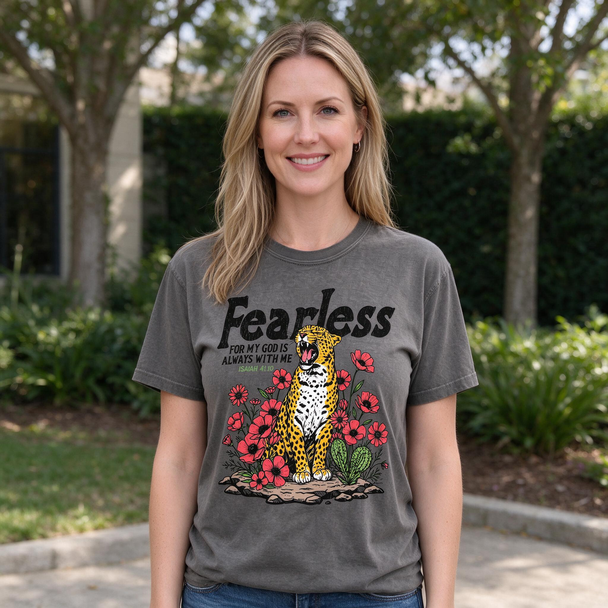 Model wearing the Fearless Leopard comfort colors tee in Pepper