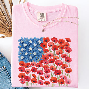 Floral Flag We The People Bow Ribbon Frame Vintage Patriotic American Pride Comfort Colors Tee