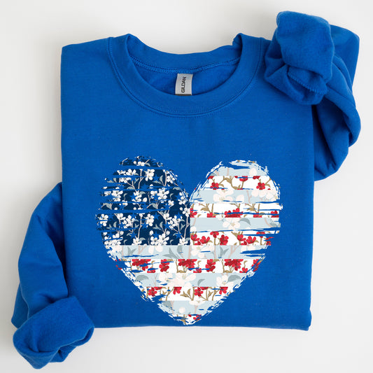 Floral Patriotic Hear, Flag, USA, Stars Stripes Sweatshirt