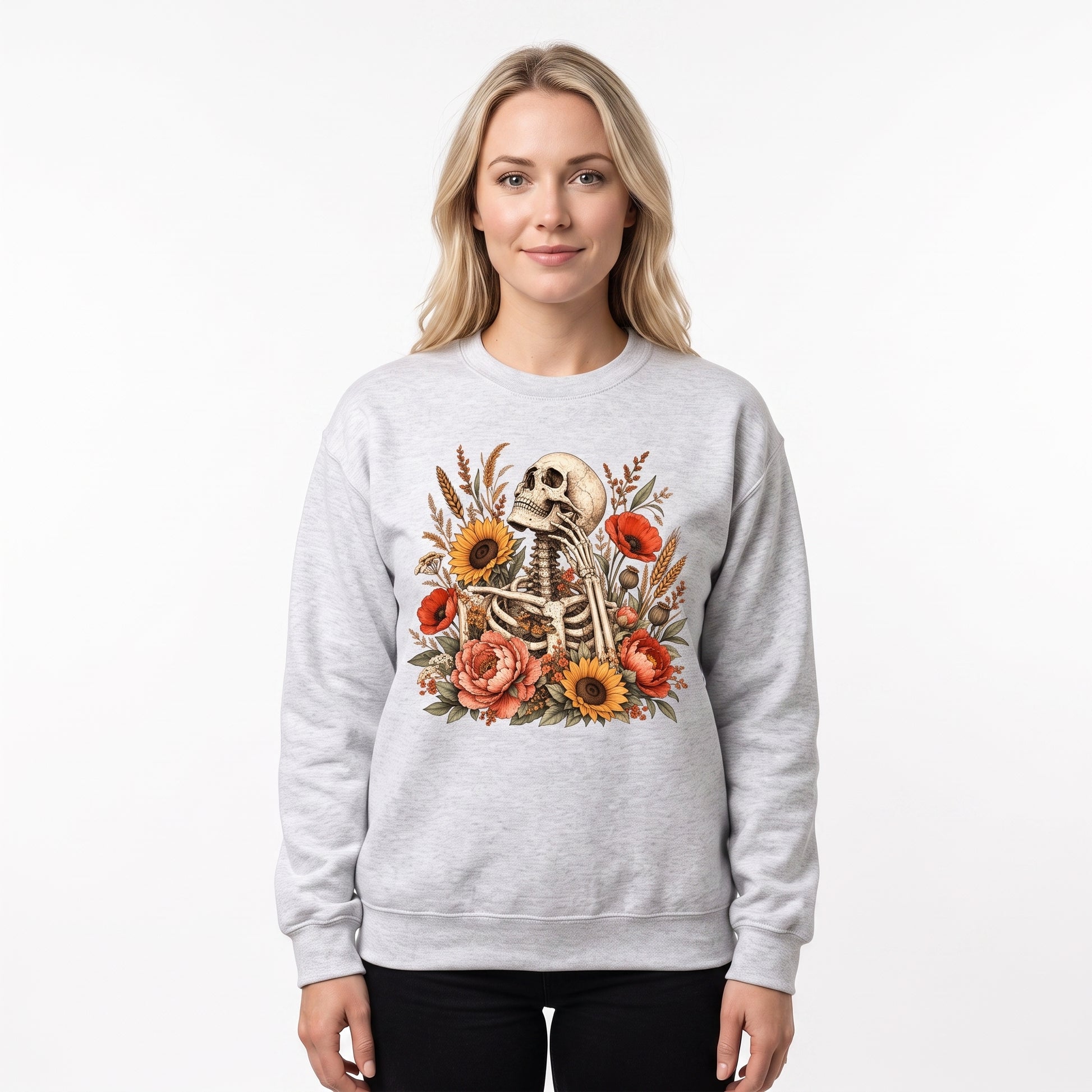 Model wearing the Floral Skeleton sweatshirt in Ash, cover image 1