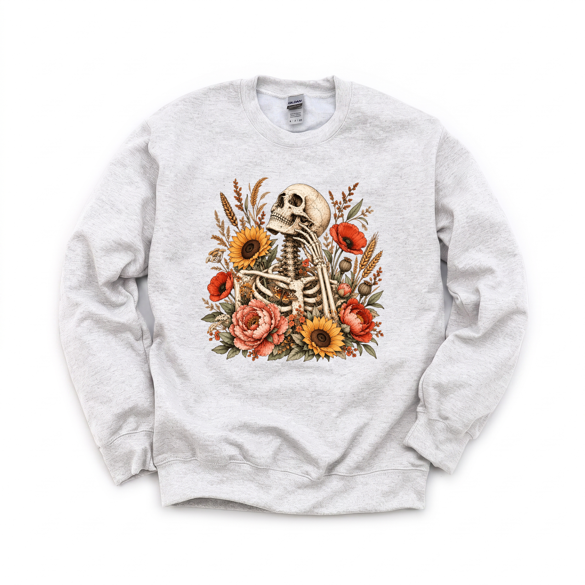 Floral Skeleton graphic on Gildan 18000 in Ash