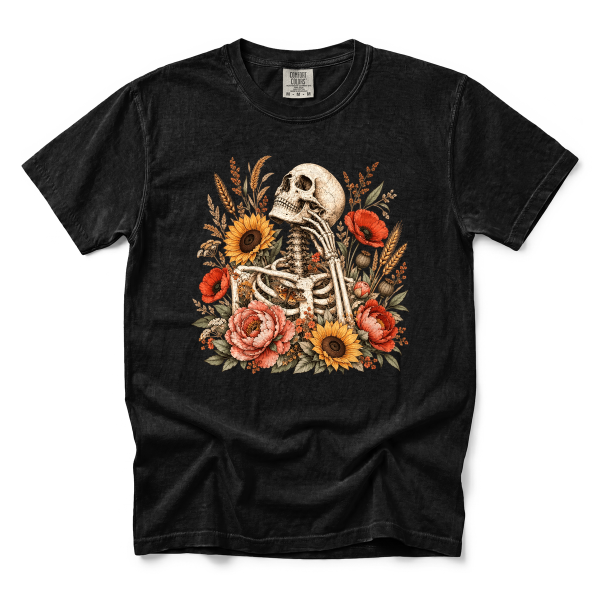 Floral Skeleton graphic on Comfort Colors 1717 in Black