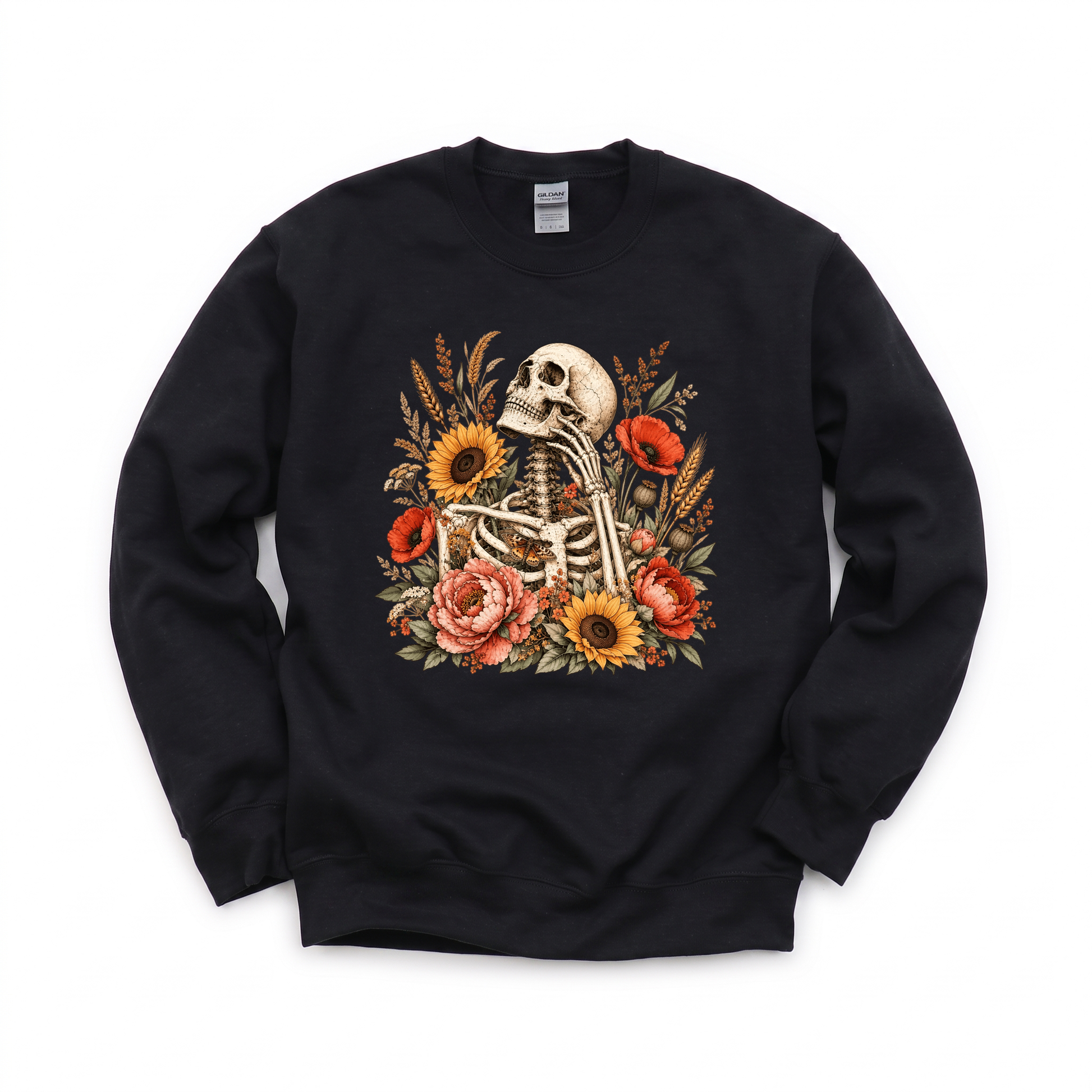 Floral Skeleton graphic on Gildan 18000 in Black