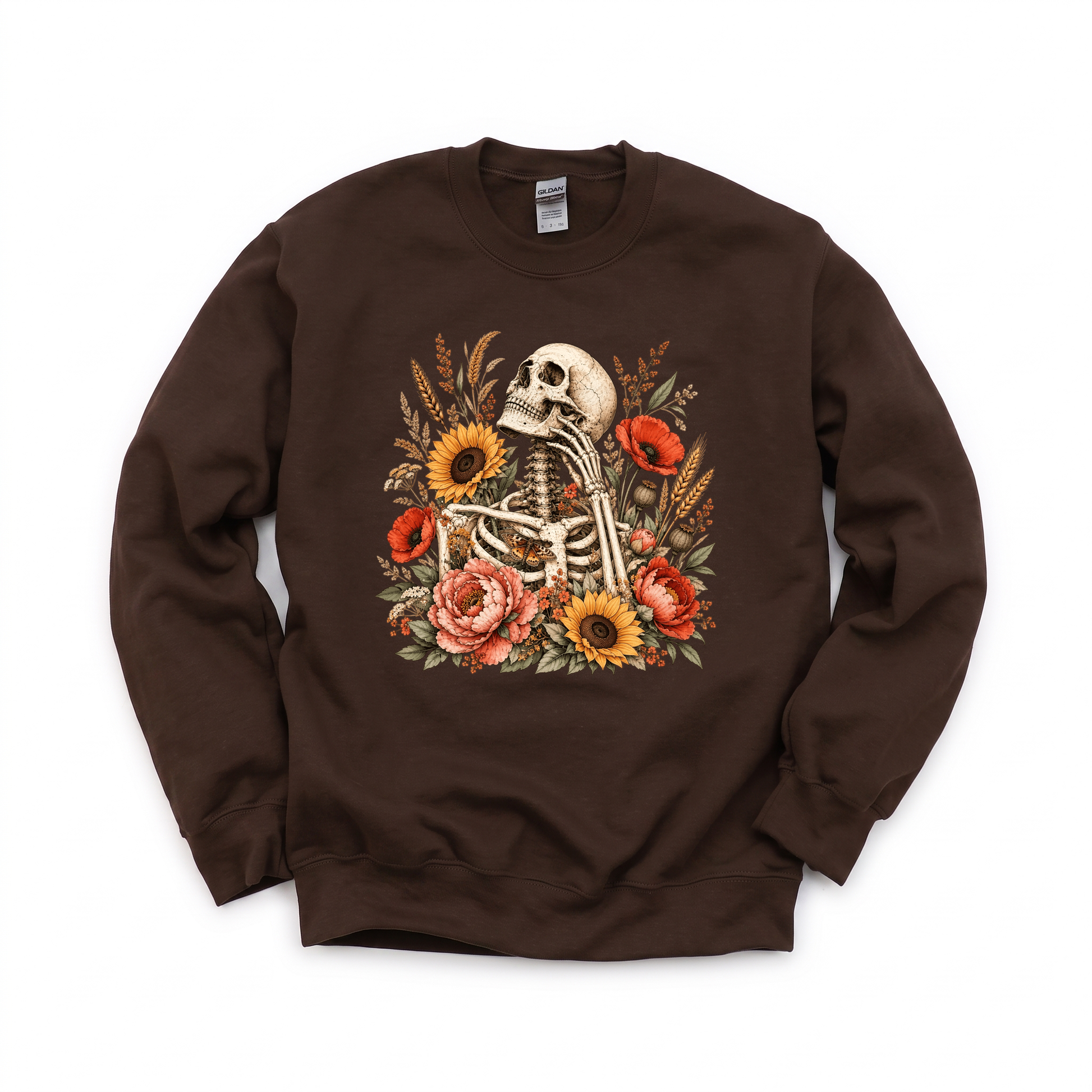 Floral Skeleton graphic on Gildan 18000 in Dark Chocolate