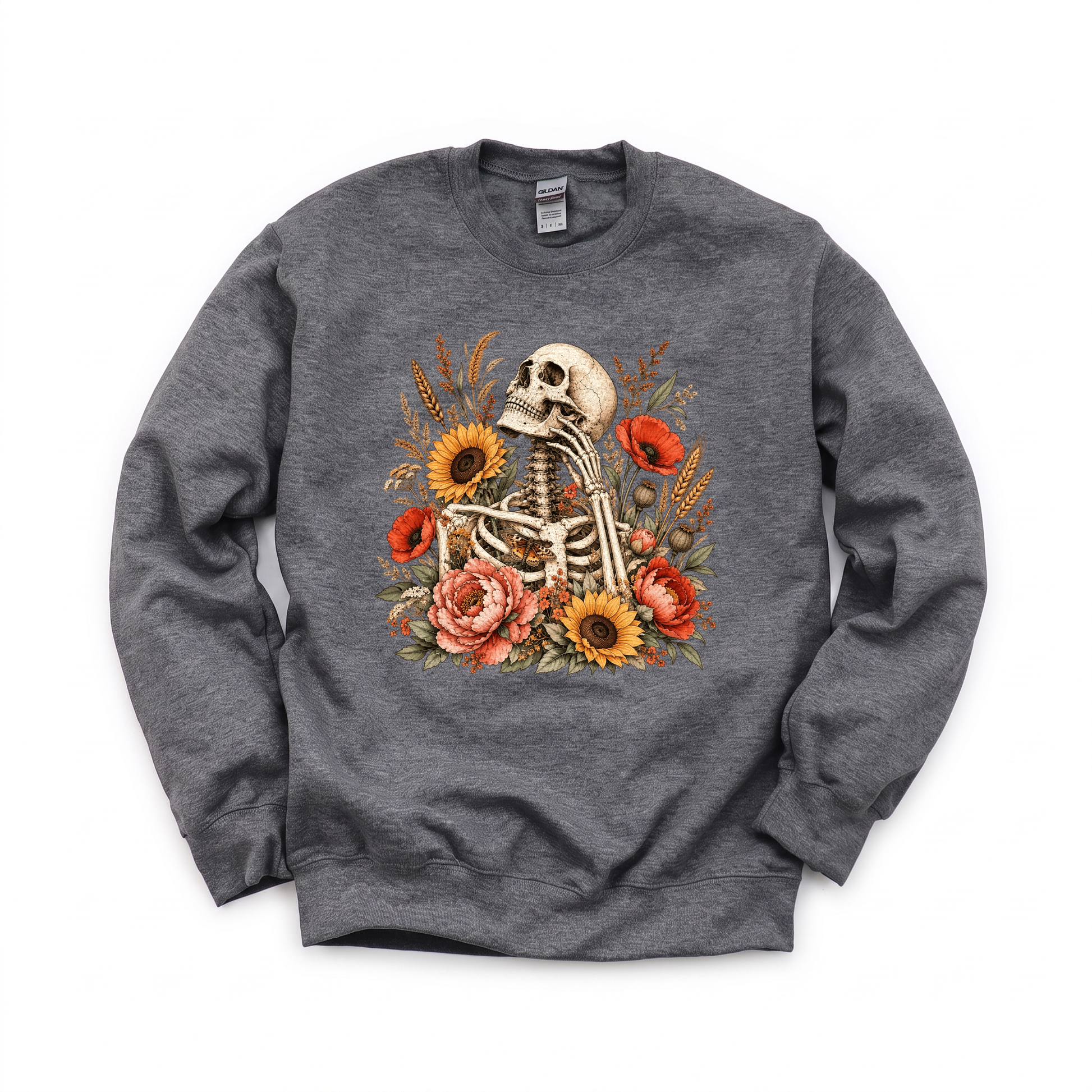Floral Skeleton graphic on Gildan 18000 in Dark Heather