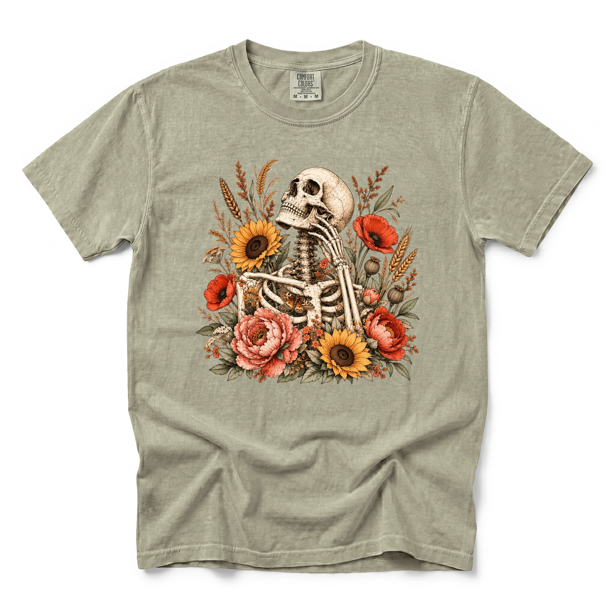 Floral Skeleton graphic on Comfort Colors 1717 in Khaki