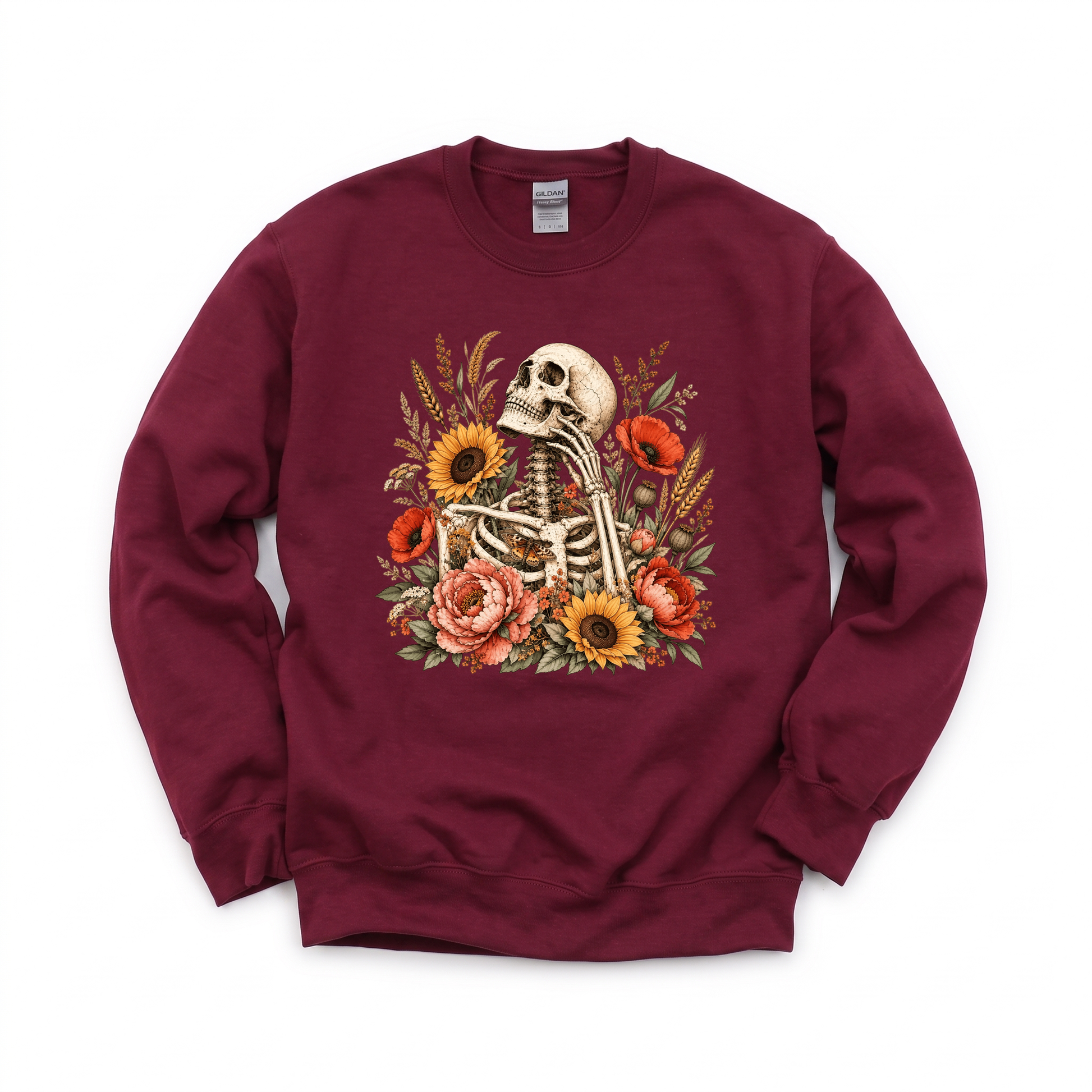 Floral Skeleton graphic on Gildan 18000 in Maroon