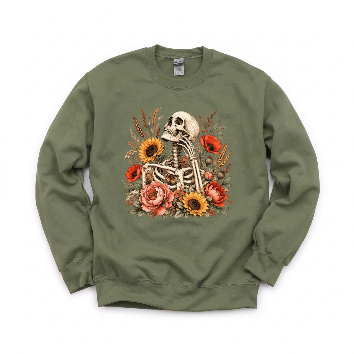 Floral Skeleton graphic on Gildan 18000 in Military Green