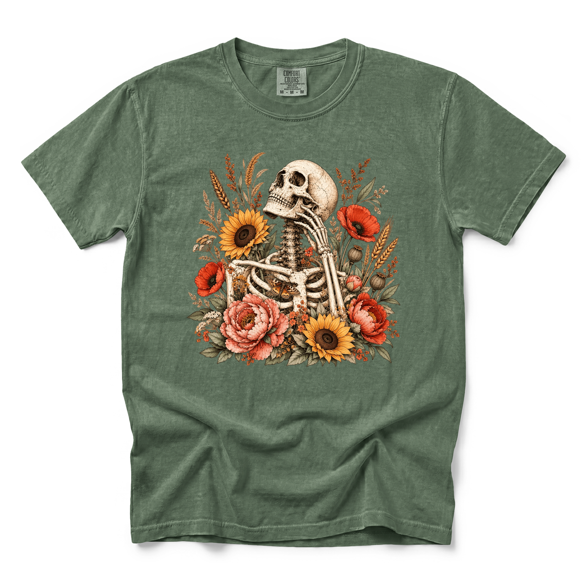 Floral Skeleton graphic on Comfort Colors 1717 in Moss