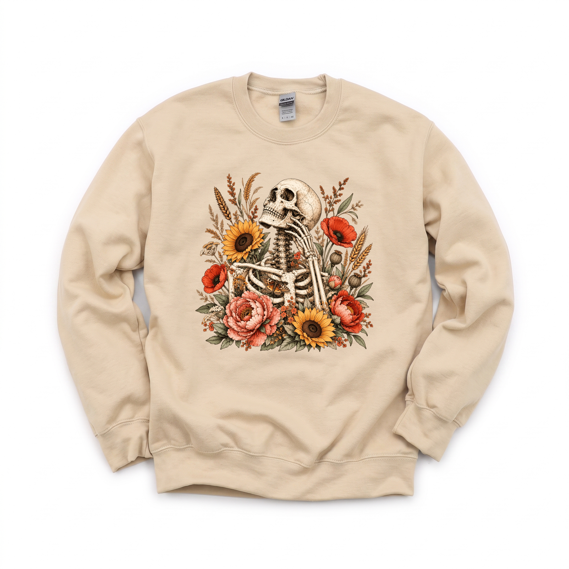 Floral Skeleton graphic on Gildan 18000 in Sand