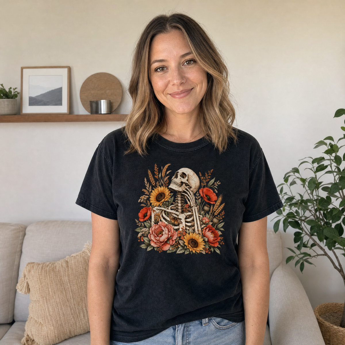 Model wearing the Floral Skeleton comfort colors tee in Black