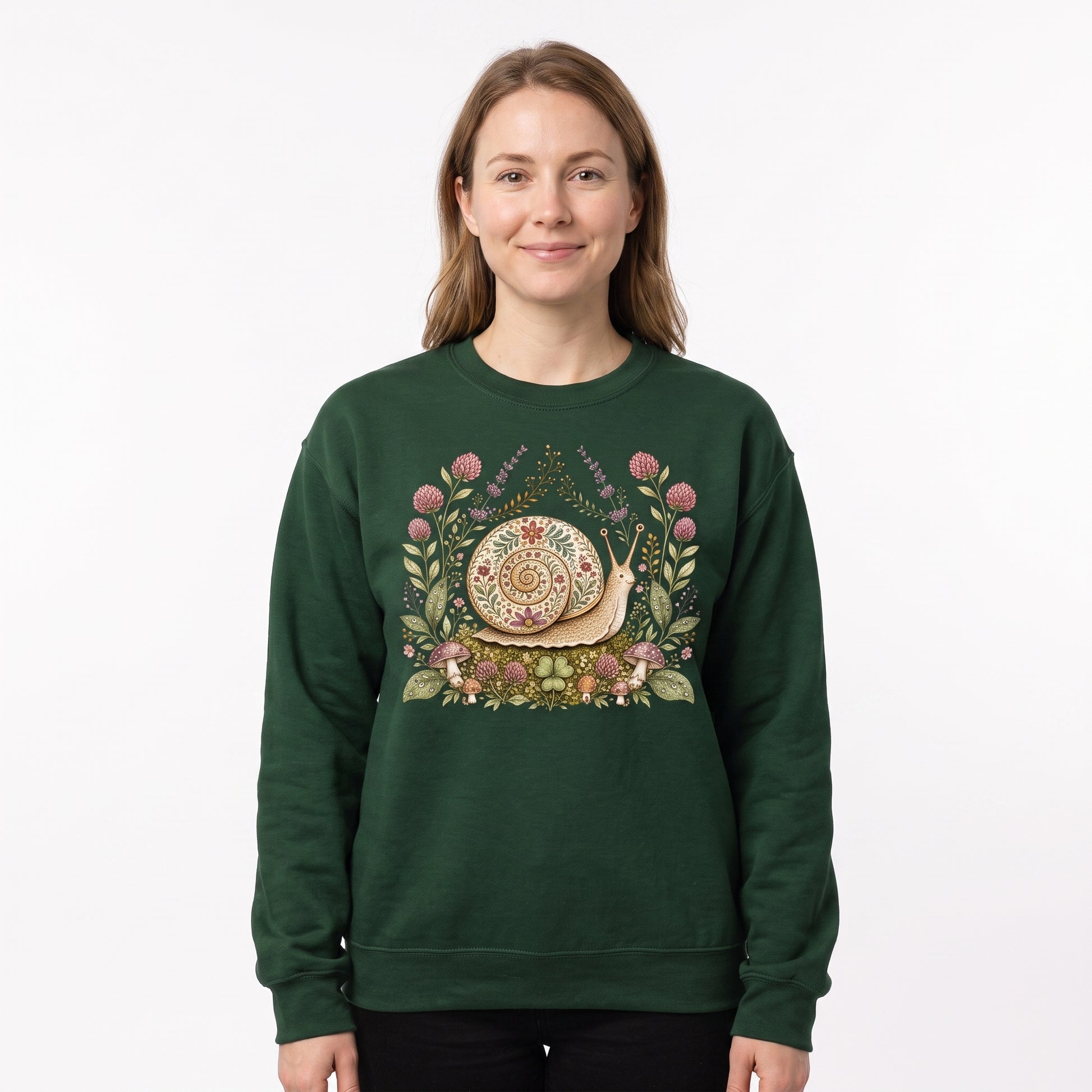 Model wearing the Floral Snail sweatshirt in Forest Green, cover image 1