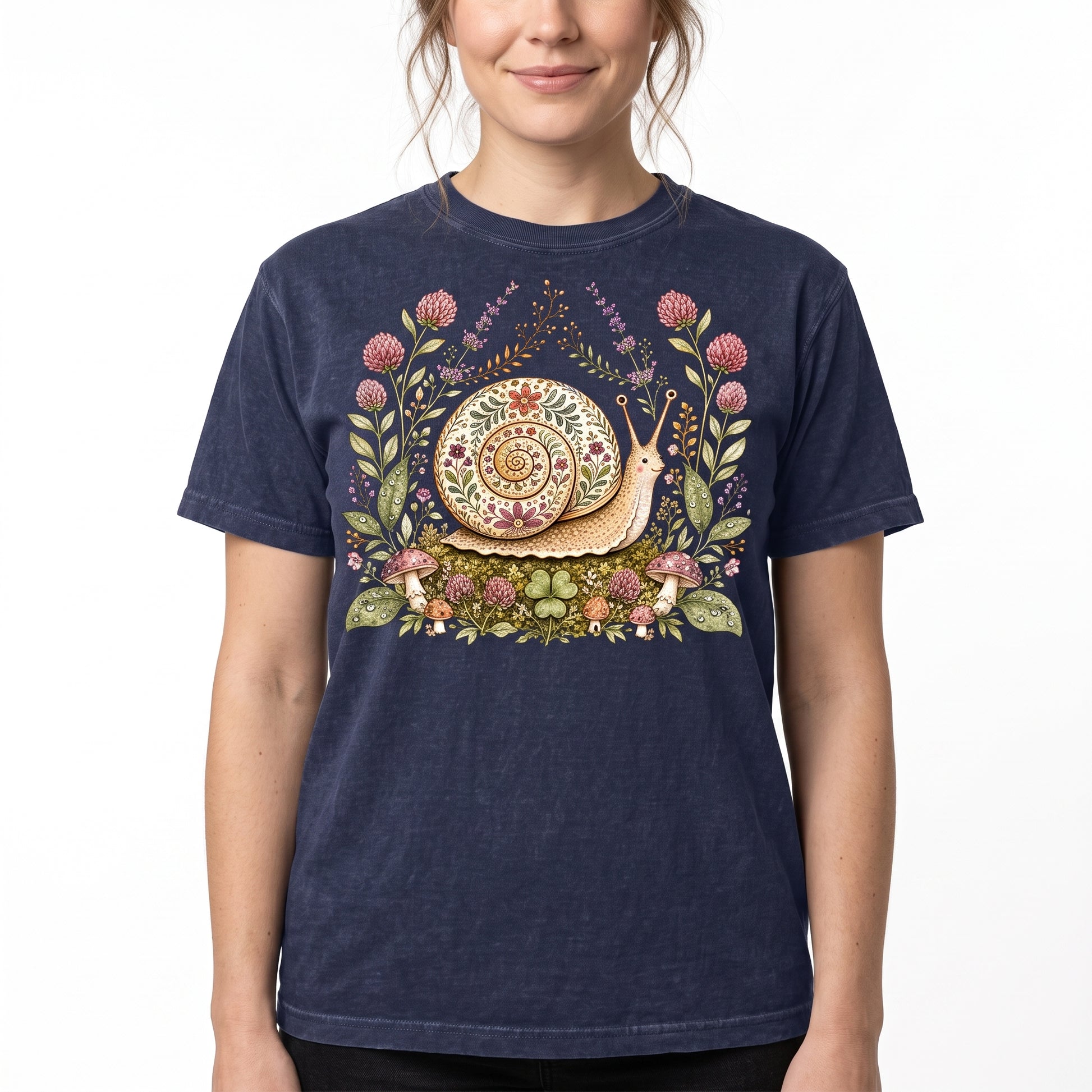 Model wearing the Floral Snail comfort colors tee in Navy, cover image 1