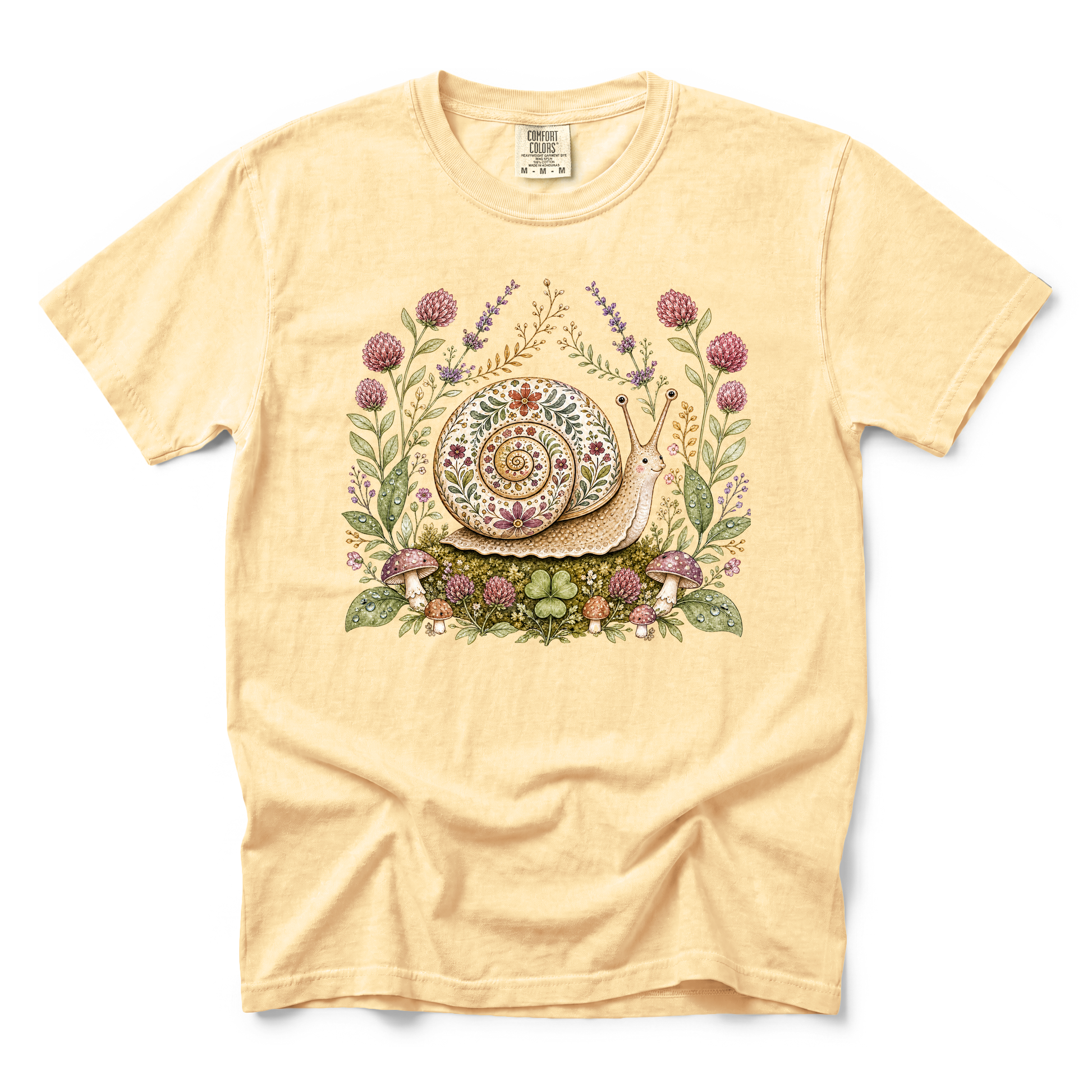 Floral Snail graphic on Comfort Colors 1717 in Butter