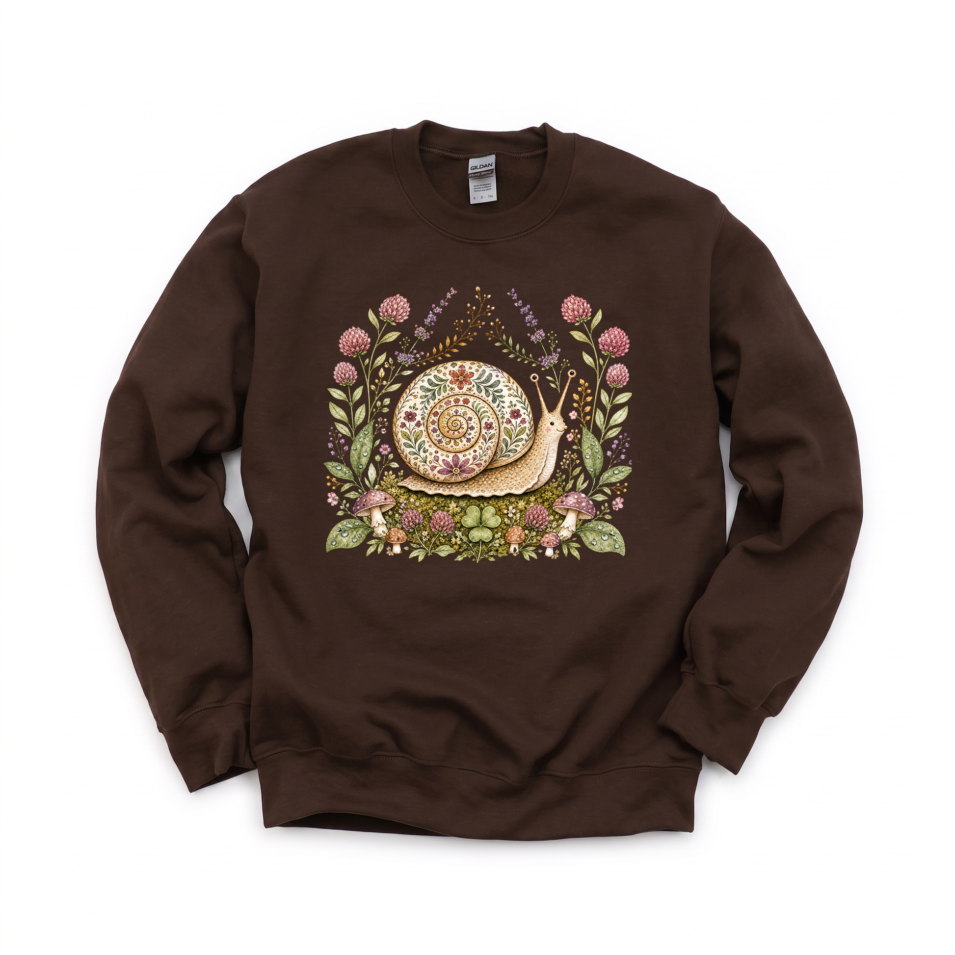 Floral Snail graphic on Gildan 18000 in Dark Chocolate