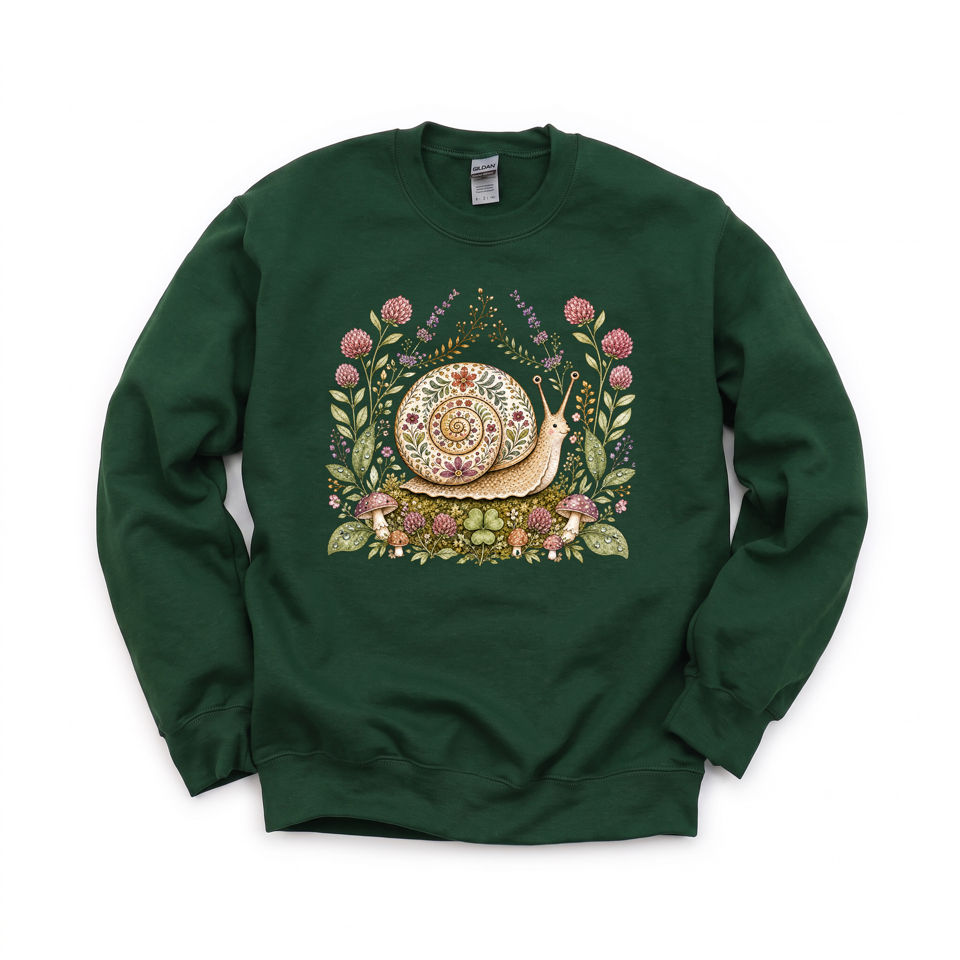 Floral Snail graphic on Gildan 18000 in Forest Green