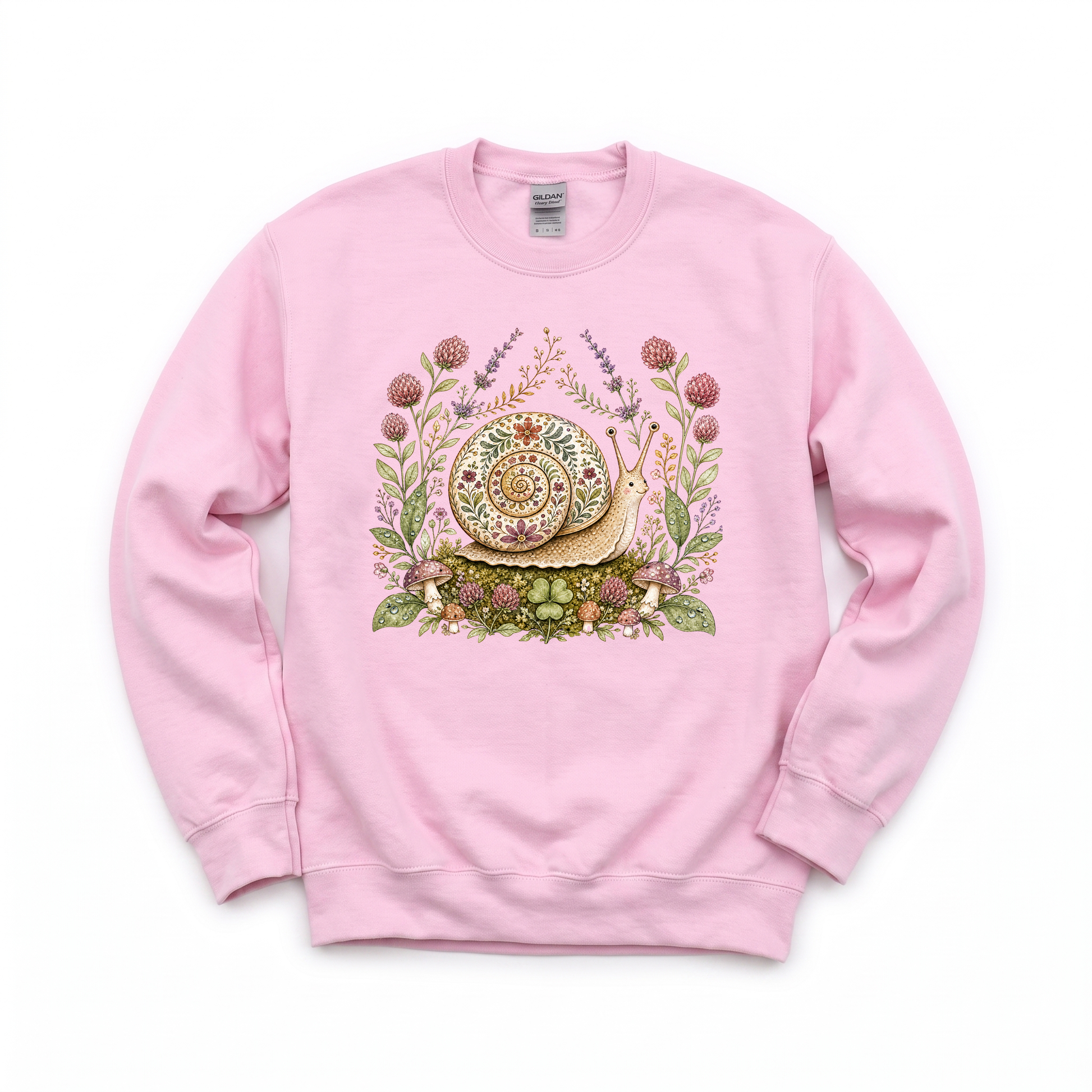Floral Snail graphic on Gildan 18000 in Light Pink