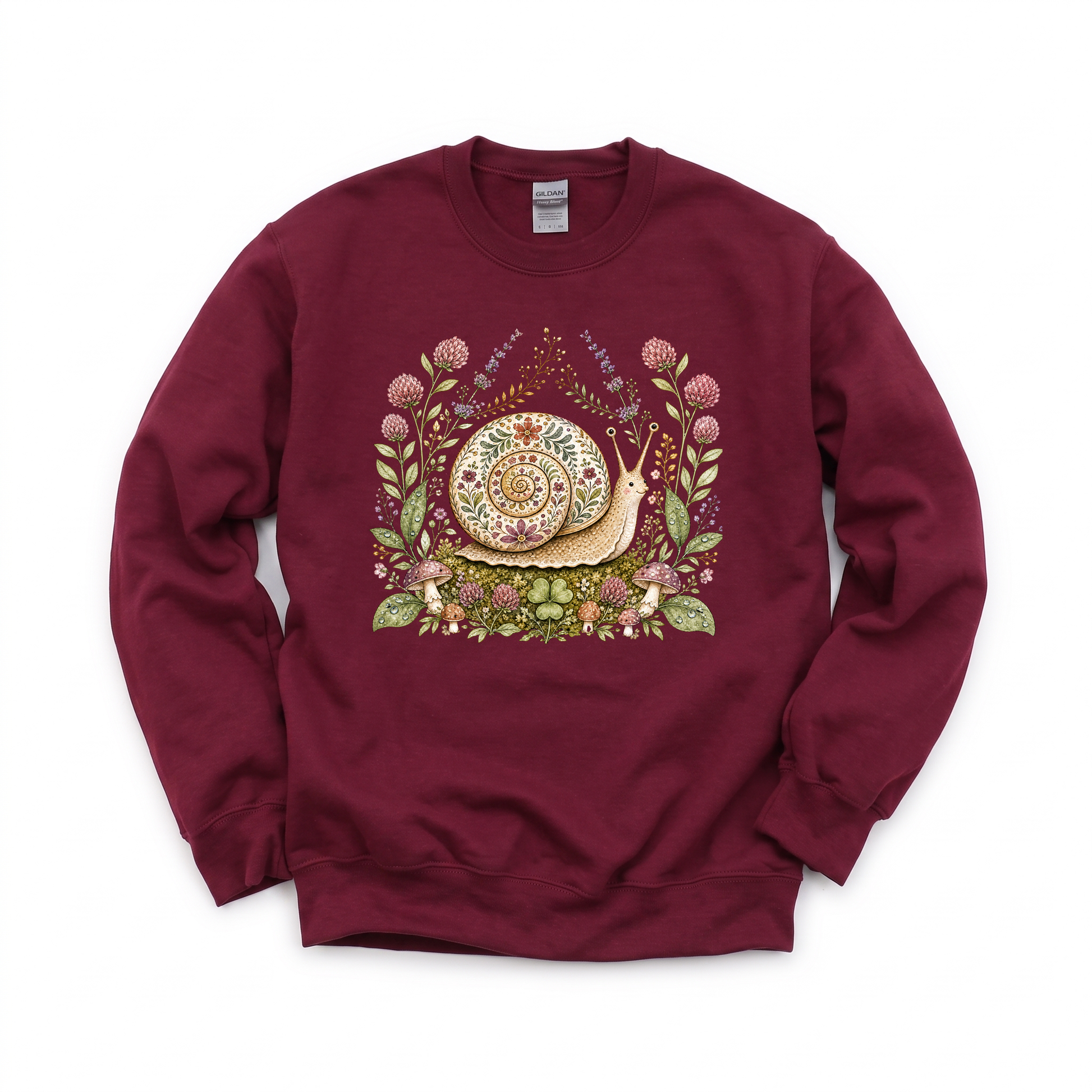 Floral Snail graphic on Gildan 18000 in Maroon