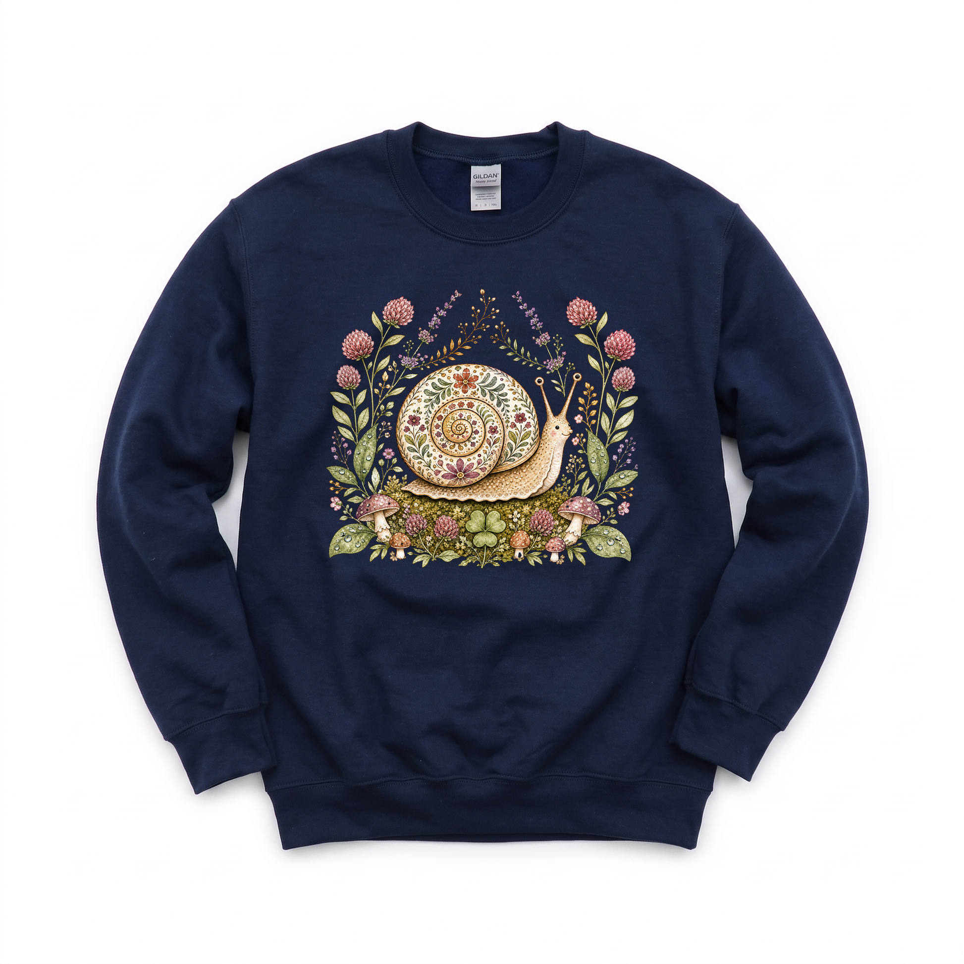 Floral Snail graphic on Gildan 18000 in Navy